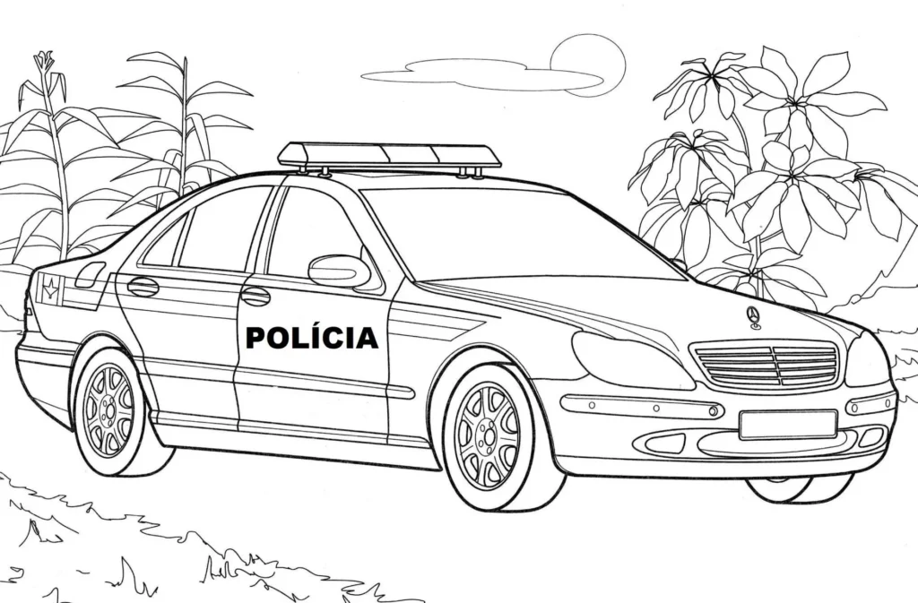 Carro de polícia para colorir com a palavra 'POLÍCIA' na lateral, em cenário natural com plantas, sol e nuvens.