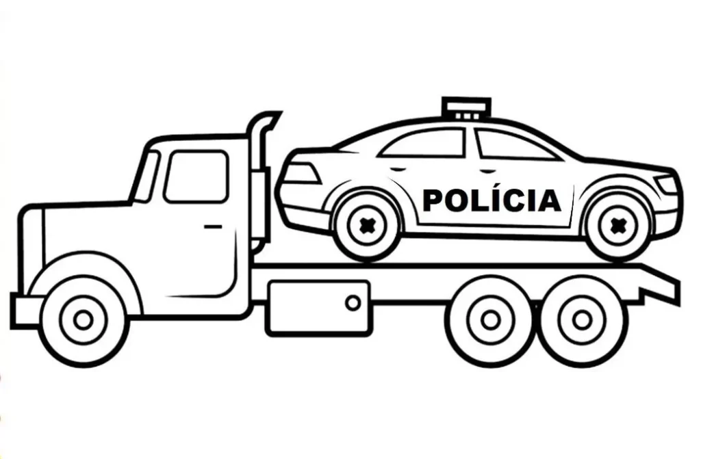 Caminhão reboque transportando carro de polícia com a inscrição 'POLÍCIA' para colorir.