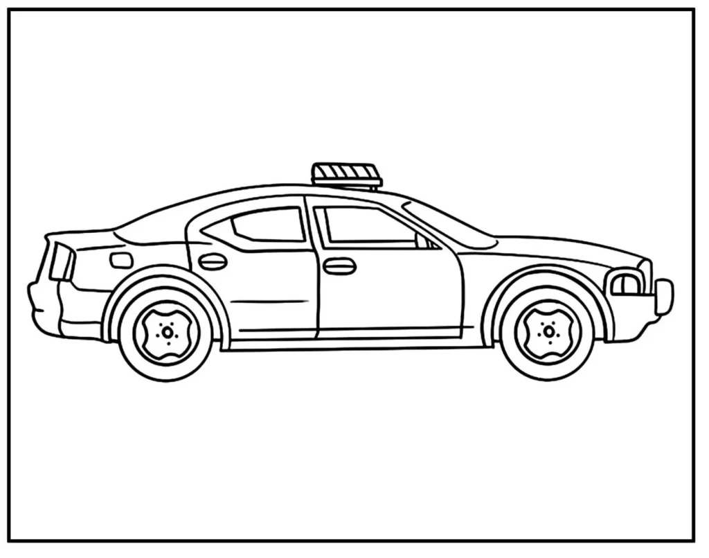 Carro de polícia em desenho para colorir, caçando criminosos.
