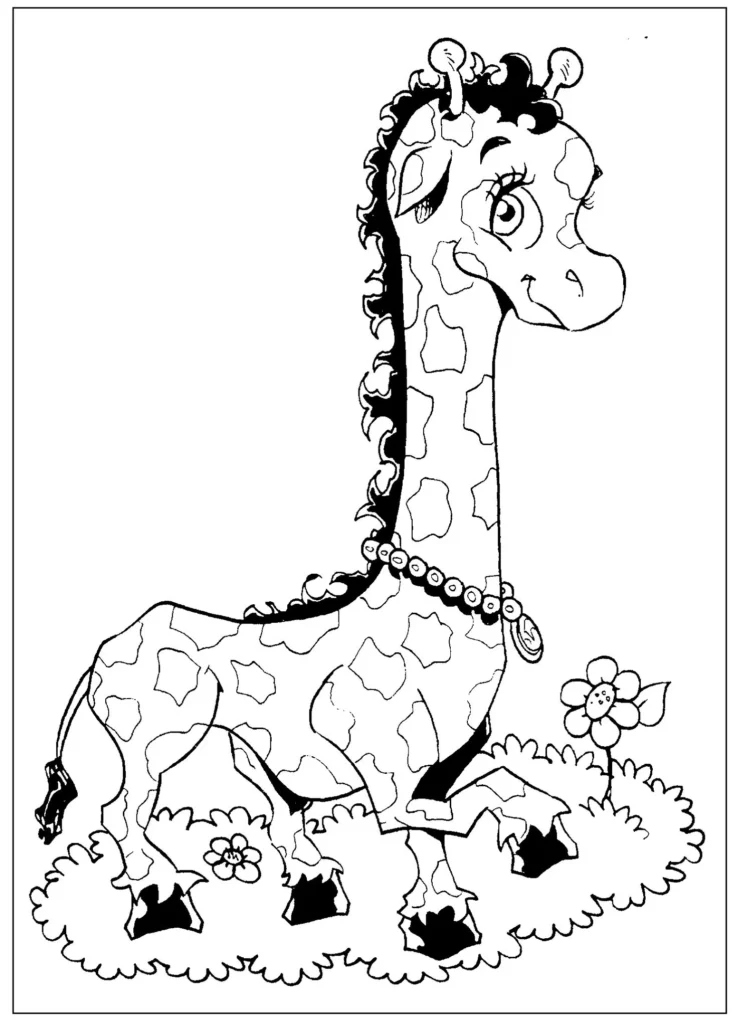 Girafa jovem para colorir em PDF com colar e flores