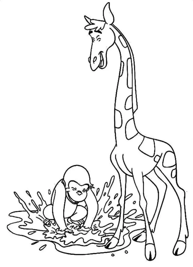 Girafa e Macaco George para colorir em PDF: Aventura animal para crianças