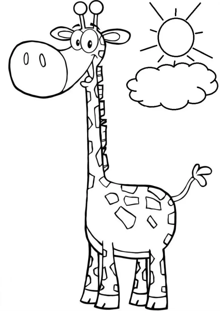 Girafa para colorir: desenho divertido com sol e nuvem