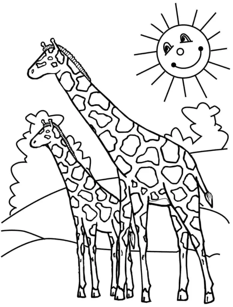 Girafas para colorir: desenho de mãe e filhote com sol e nuvens