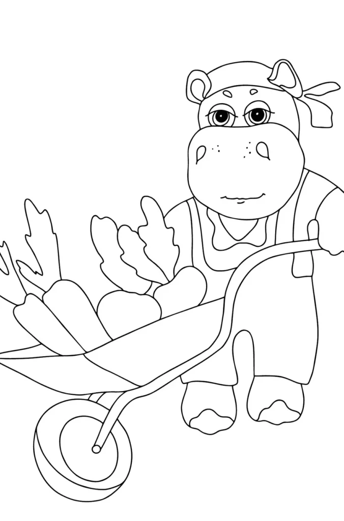 Desenhos de Hipopótamos em PDF para colorir Colhendo Legumes Hipopótamo jardineiro colhendo legumes: desenho para colorir em PDF.