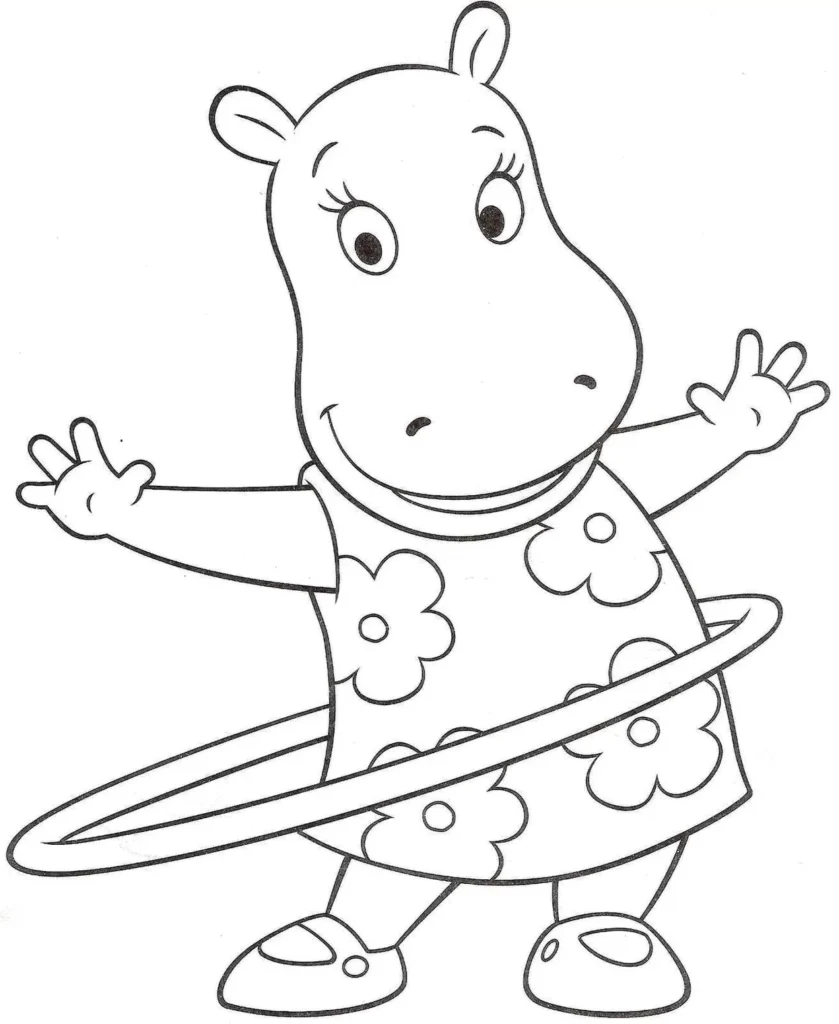Desenhos de Hipopótamos em PDF para colorir Dançando no Bambolê Hipopótamo de vestido girando bambolê: Desenho para colorir em PDF