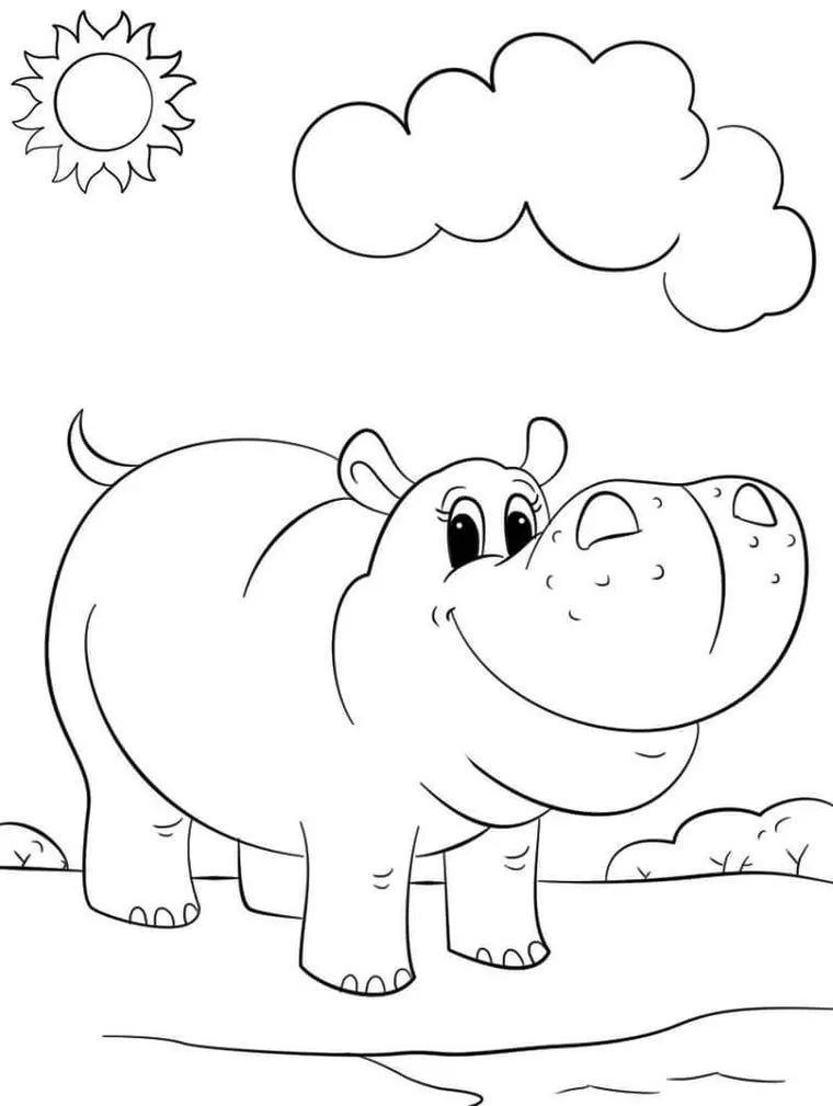 Desenhos de Hipopótamos em PDF para colorir Feliz Hipopótamo sorrindo para colorir em PDF sob o sol e nuvem