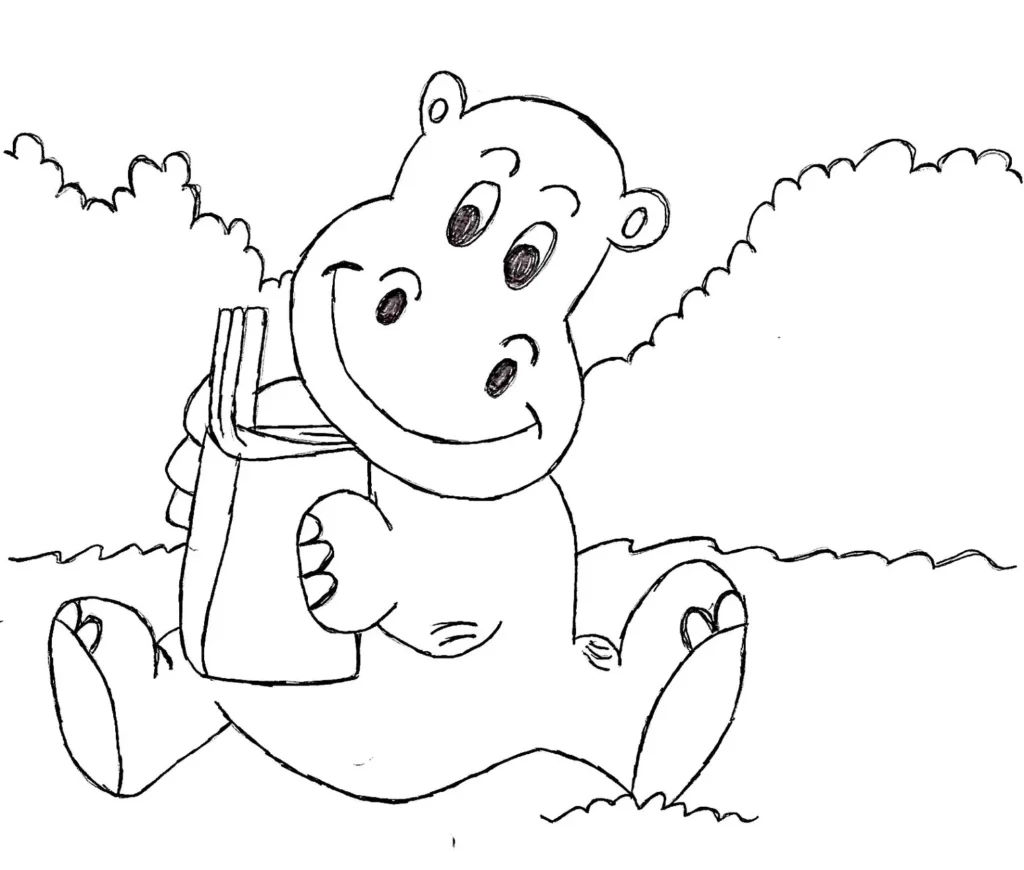 Desenhos de Hipopótamos em PDF para colorir Lendo Hipopótamo sorridente apreciando um livro em desenho para colorir.