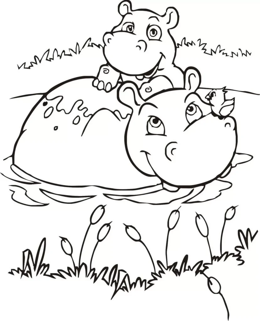 Desenhos de Hipopótamos em PDF para colorir Na Água Hipopótamos sorrindo na água: desenho em PDF para colorir com pássaro e plantas aquáticas.