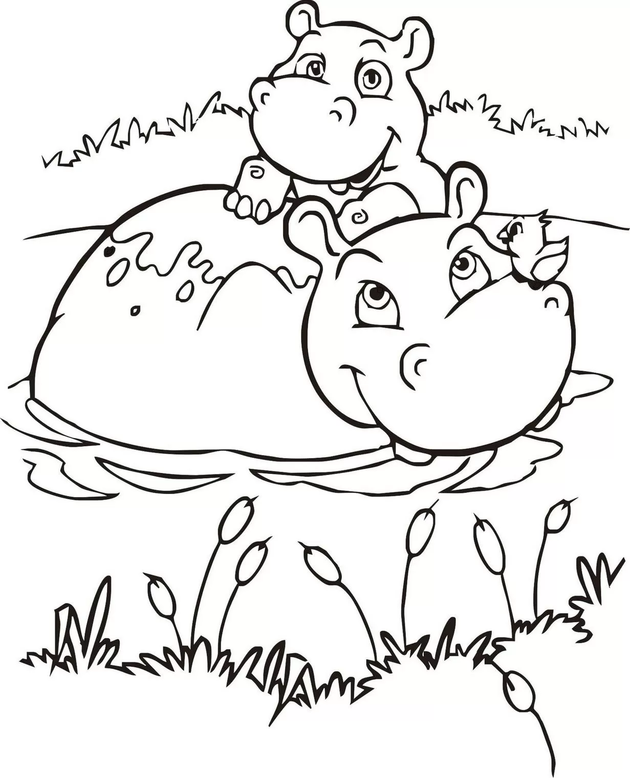 Desenhos de Hipopótamos em PDF para colorir Na Água Hipopótamos sorrindo na água: desenho em PDF para colorir com pássaro e plantas aquáticas.