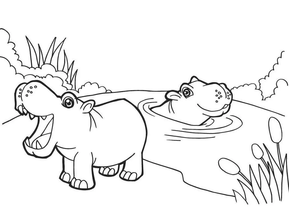 Desenhos de Hipopótamos em PDF para colorir Tomando Banho Hipopótamos na água: Desenho para colorir em PDF com cena de banho na natureza.