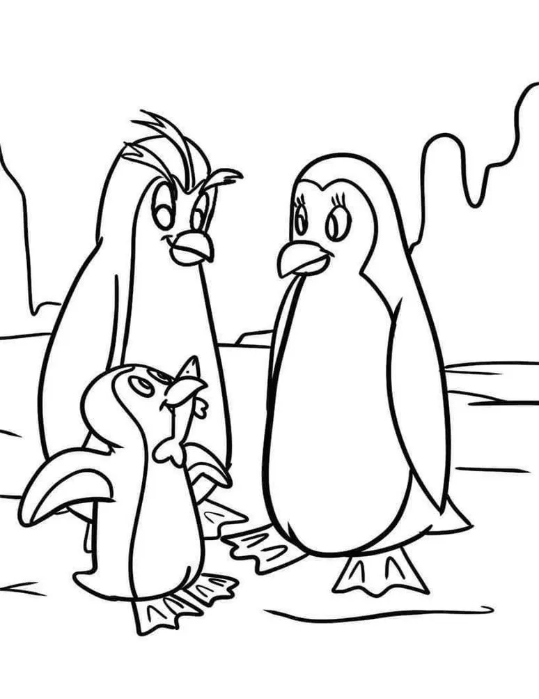 Desenhos de Pinguins em PDF para colorir Família Família de pinguins para colorir em PDF. Pinguim adulto, pinguim fêmea com cílios e filhote em ambiente gelado.