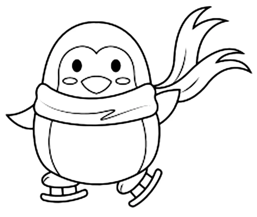 Desenhos de Pinguins em PDF para colorir Patinando Pinguim patinador com cachecol: desenho para colorir em PDF