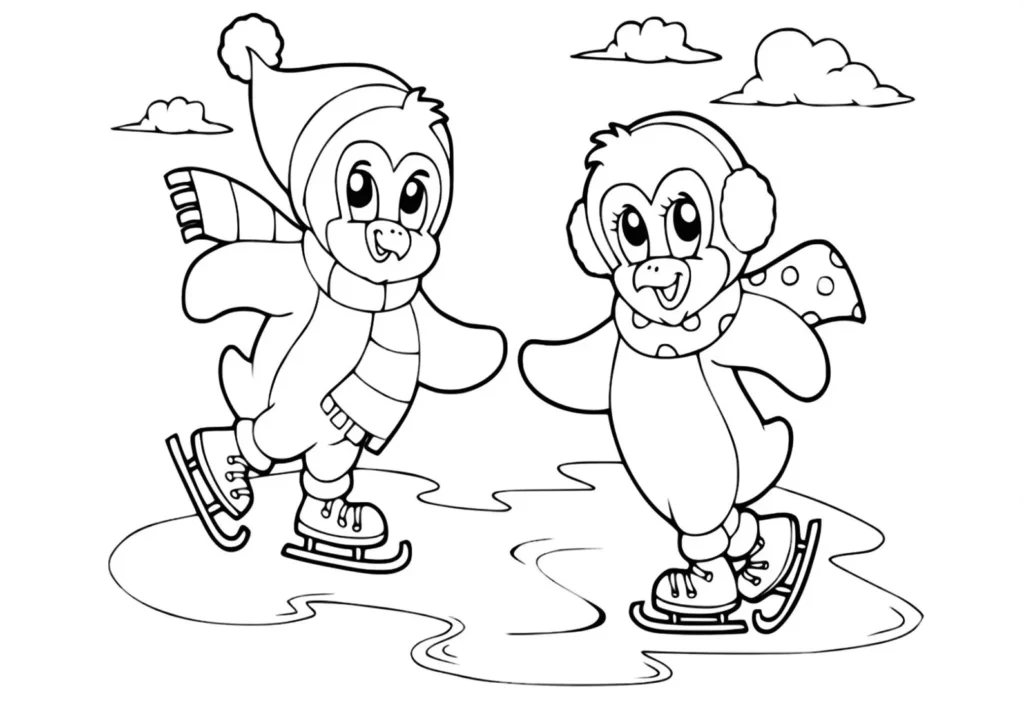 Desenhos de Pinguins em PDF para colorir Se Divertindo Pinguins animados patinando no gelo: PDF para colorir