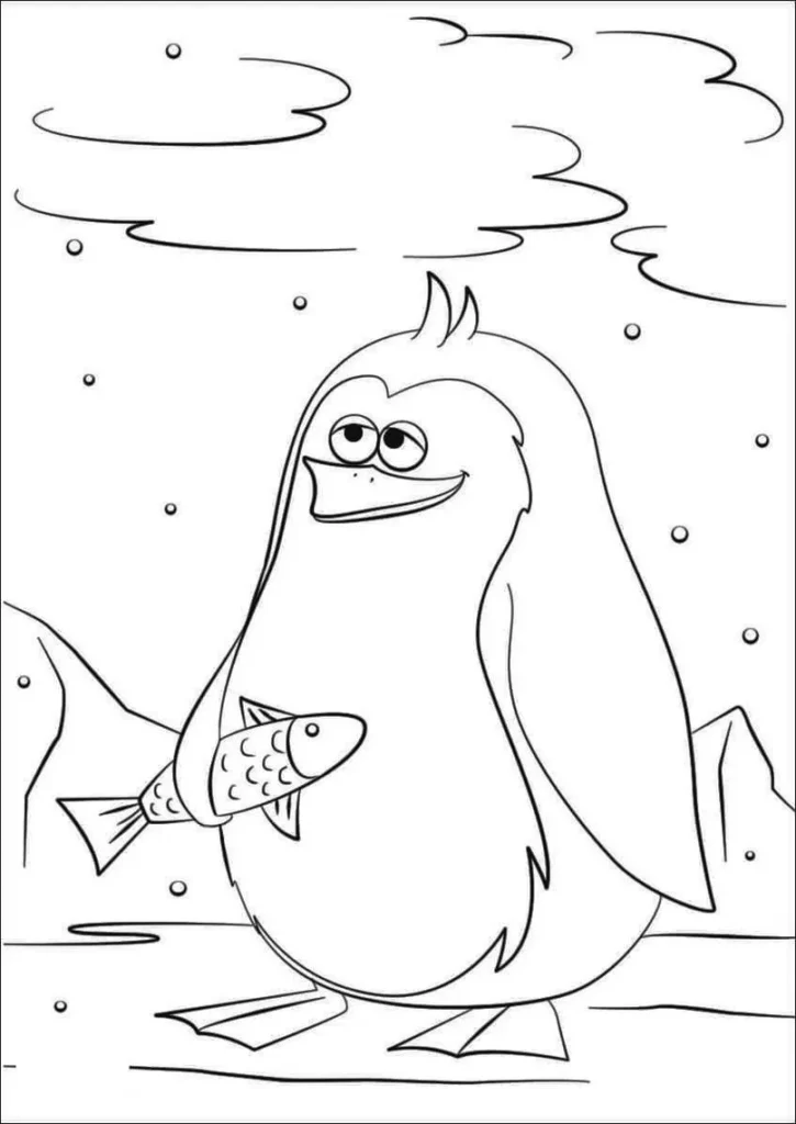 Desenhos de Pinguins em PDF para colorir Segurando o Peixe Pinguim com peixe para colorir em PDF