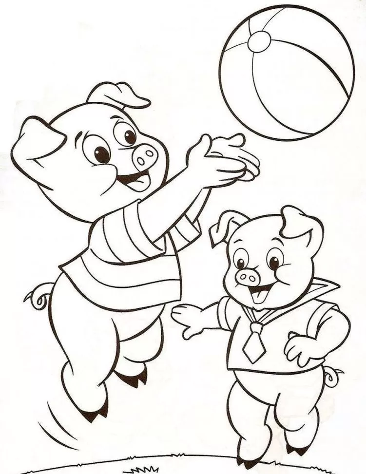Porquinhos animados brincando com bola: Desenho para colorir em PDF