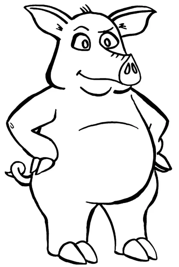 Porquinho para colorir em PDF: desenho divertido com pose confiante