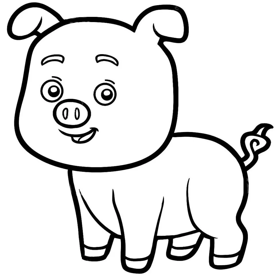 Porquinho fofo para colorir em PDF. Desenho simples de um porco sorrindo, ideal para atividades criativas.