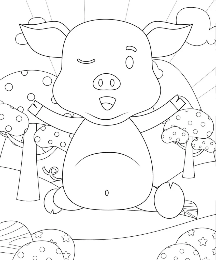 Porquinho simpático piscando o olho, pronto para colorir. Cenário com cogumelos e ovos decorados.