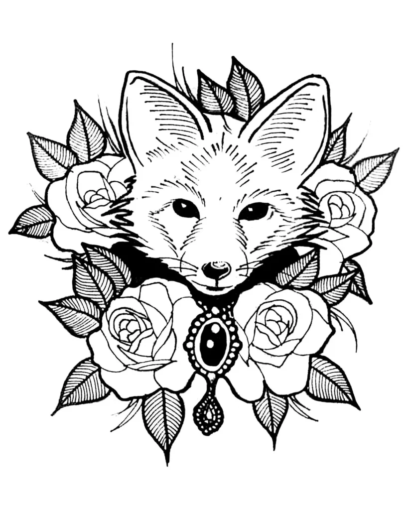 Raposa adornada com rosas: desenho para colorir em PDF