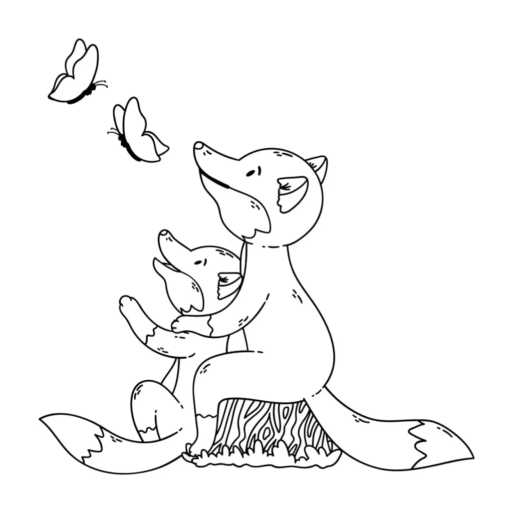Raposas admirando borboletas: desenho para colorir em PDF.