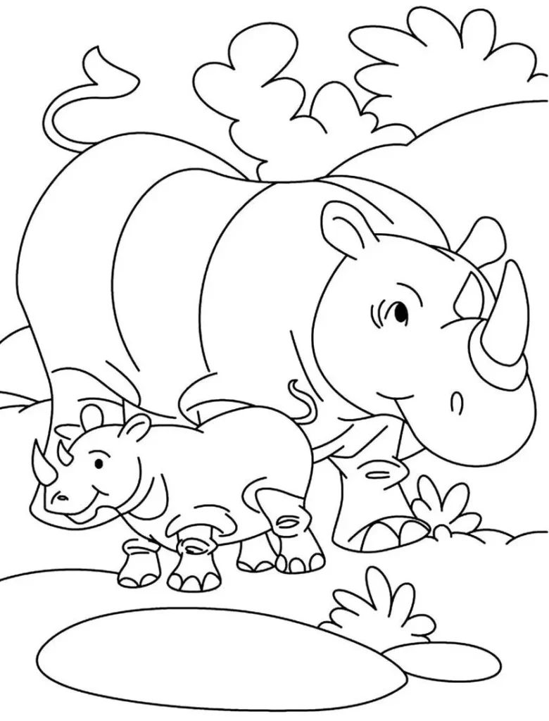 Desenhos de Rinocerontes em PDF para colorir Mamãe e seu Bebê Rinocerontes para colorir: Mamãe e filhote em ambiente campestre