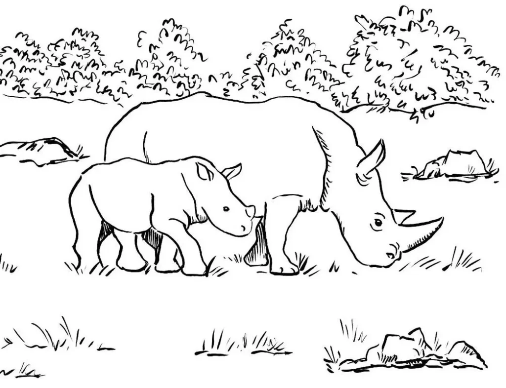 Desenhos de Rinocerontes em PDF para colorir No Campo Rinocerontes no campo: desenho em PDF para colorir.