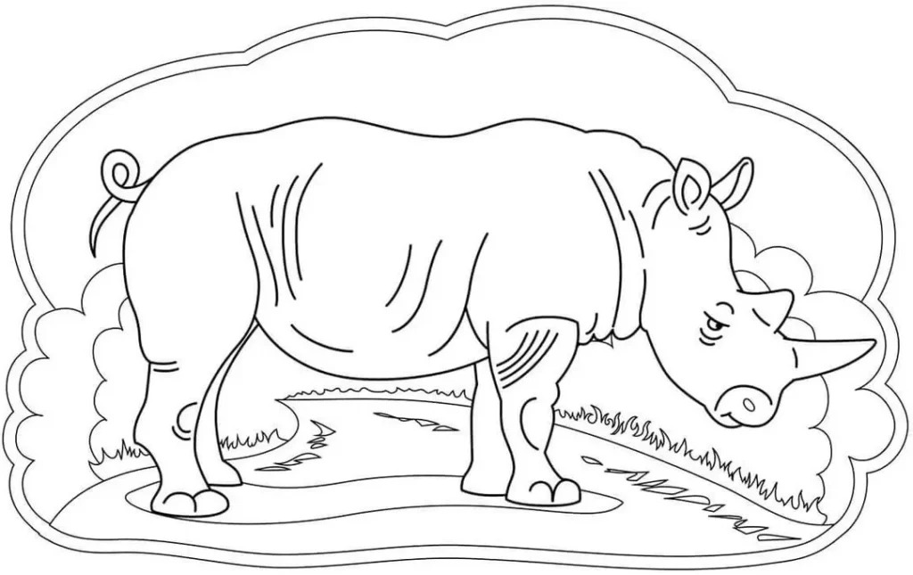 Desenhos de Rinocerontes em PDF para colorir Triste Rinoceronte melancólico para colorir em PDF. Arte com traços simples e fundo com nuvens.