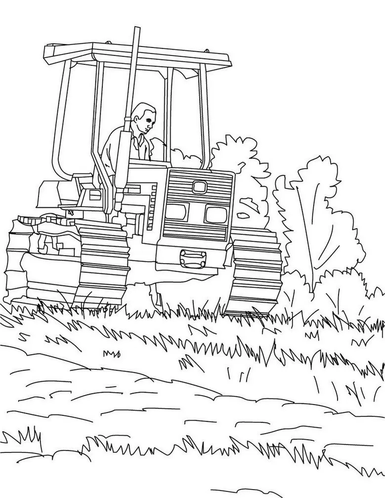 Trator com esteiras arando a terra: desenho para colorir em PDF