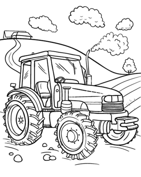 Desenho de trator no campo para colorir. Arte campestre com trator, casa e plantação.