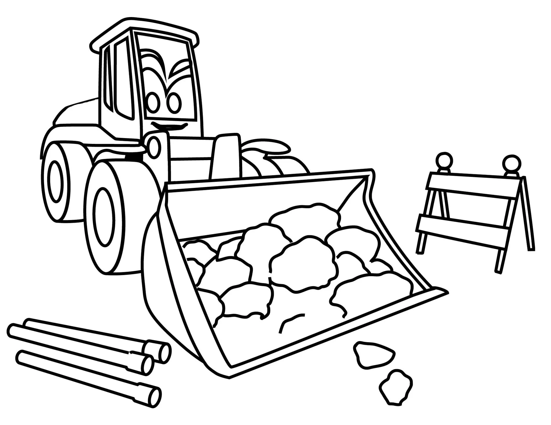 Trator carregando pedras: desenho para colorir em PDF.