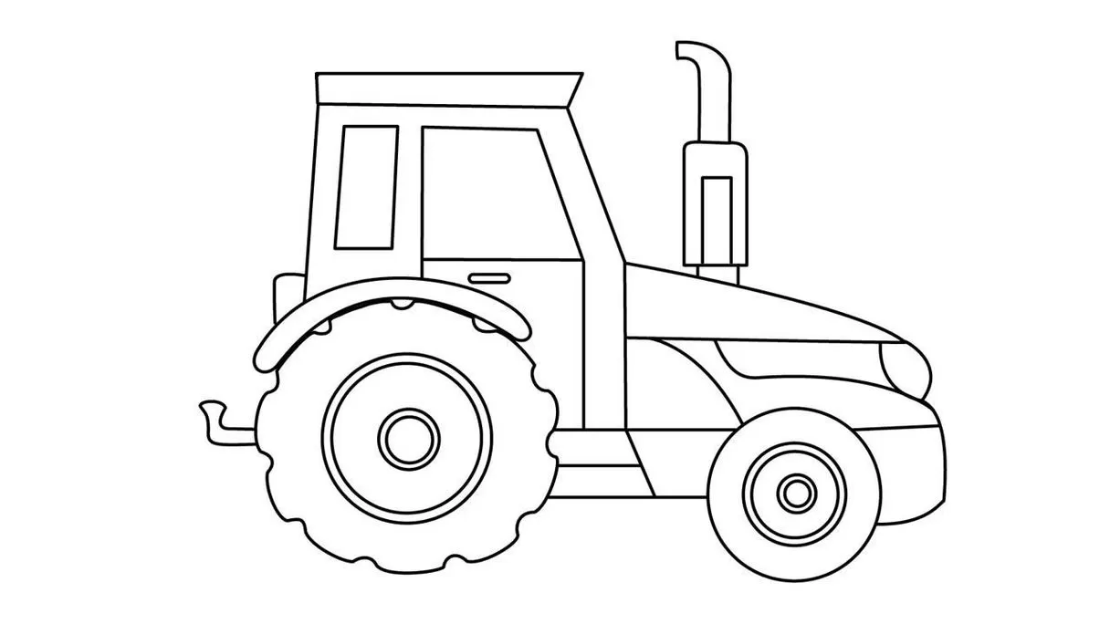 Trator para colorir em PDF: Desenho simples com cabine, rodas e escapamento