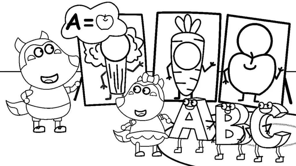 Wolfoo e Lucy aprendendo: desenho para colorir em PDF com foco em 'A' de maçã.