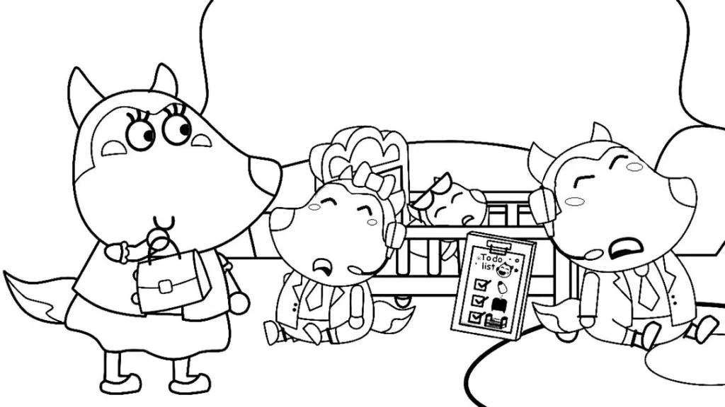 Wolfoo e Lucy: Cena para colorir com lista de tarefas.
