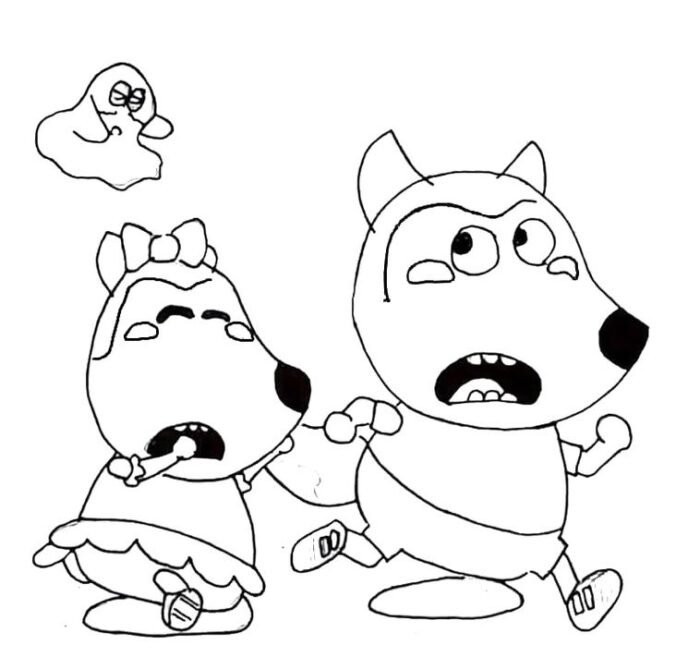 Wolfoo e Lucy assustados: desenho para colorir em PDF