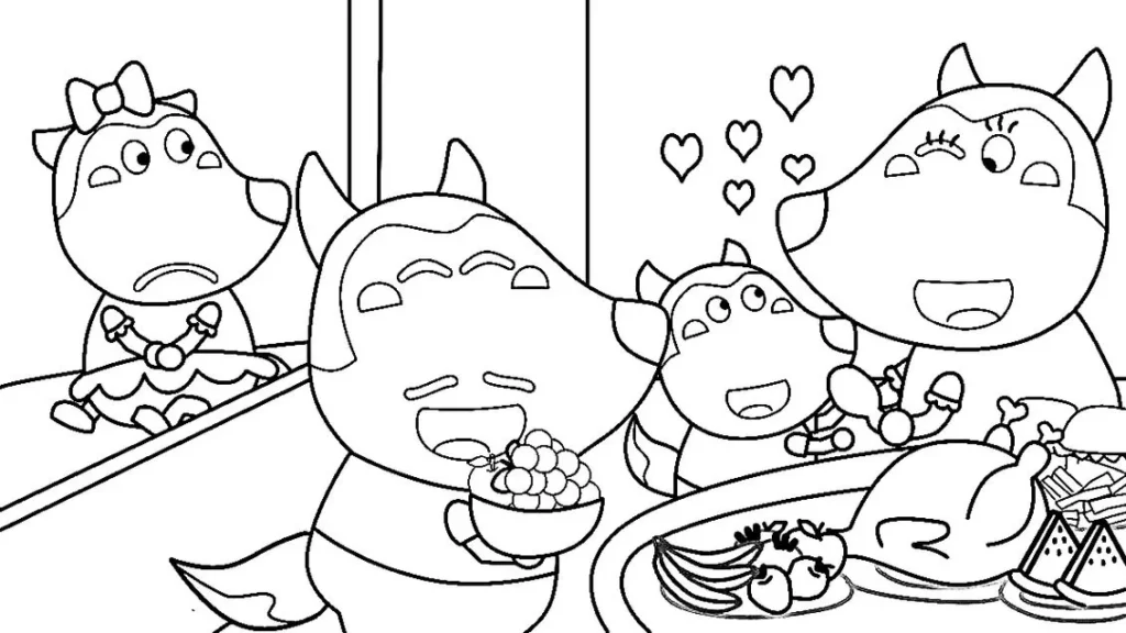 Wolfoo e Lucy em cena festiva com mesa farta para colorir