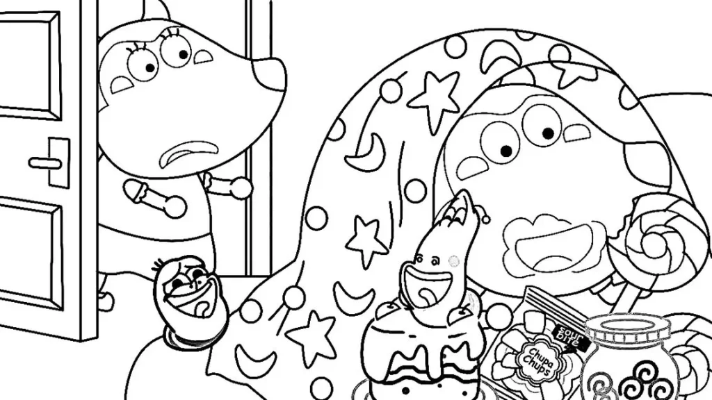 Wolfoo e Lucy aprontando com doces: desenho para colorir em PDF