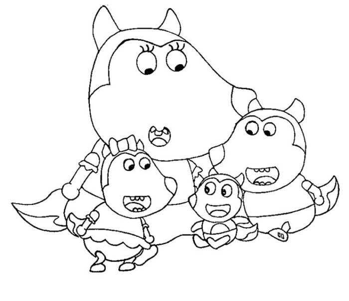 Família Wolfoo para colorir: desenho em PDF de mãe, Lucy e bebê Wolfoo.