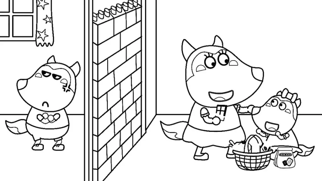 Wolfoo e Lucy para colorir: cena dividida por muro de tijolos