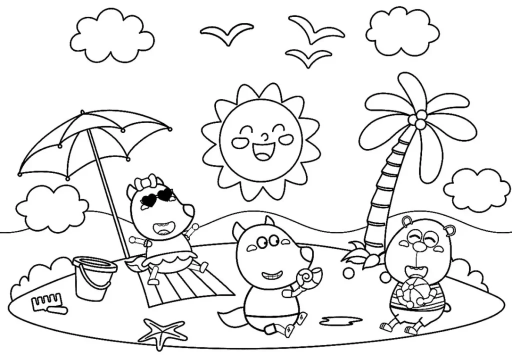 Desenho para colorir de Wolfoo e Lucy na praia: diversão sob o sol com amigos e brinquedos.