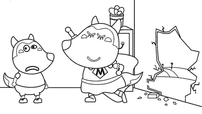 Wolfoo e Lucy: Desenhos de super-heróis caninos para colorir em PDF