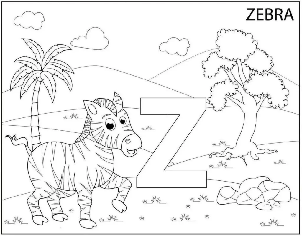 Desenhos de Zebras em PDF para colorir Letra Z Zebra e letra Z para colorir em PDF. Desenho com paisagem e a palavra 'ZEBRA'.