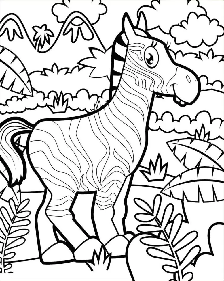 Desenhos de Zebras em PDF para colorir No Mato Zebra estilizada em cenário natural para colorir em PDF.