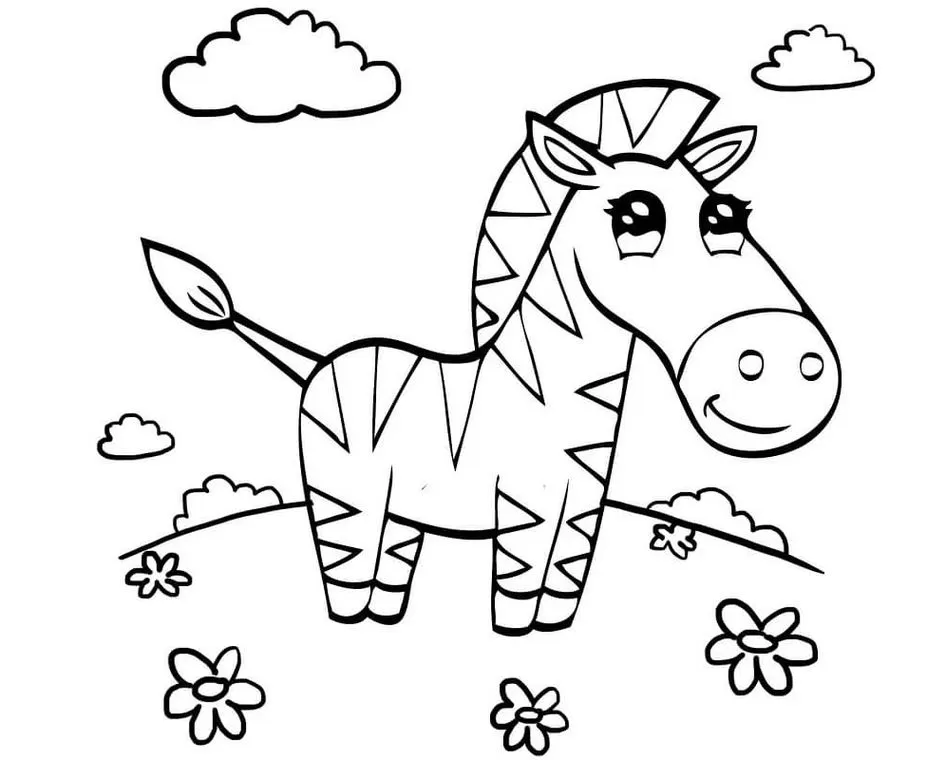 Desenhos de Zebras em PDF para colorir Olhando para Cima Zebra de desenho animado sorrindo em campo florido com nuvens, pronta para colorir em PDF.