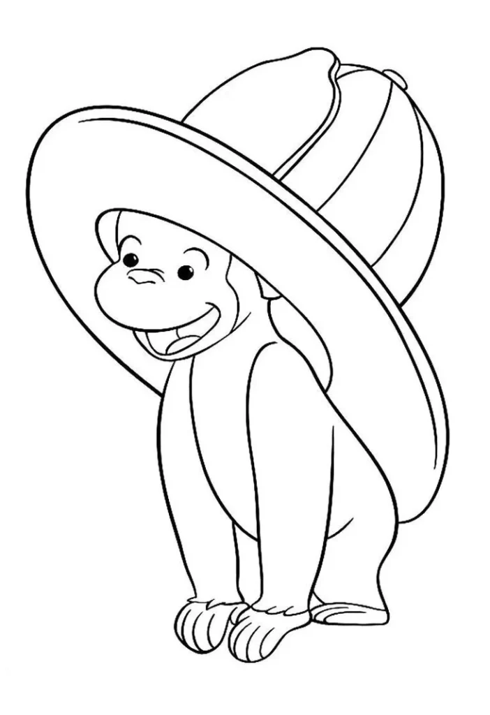Desenhos do Macaco George PDF pra colorir Chapéu Amarelo Macaco George sorrindo com chapéu amarelo grande, desenho para colorir.