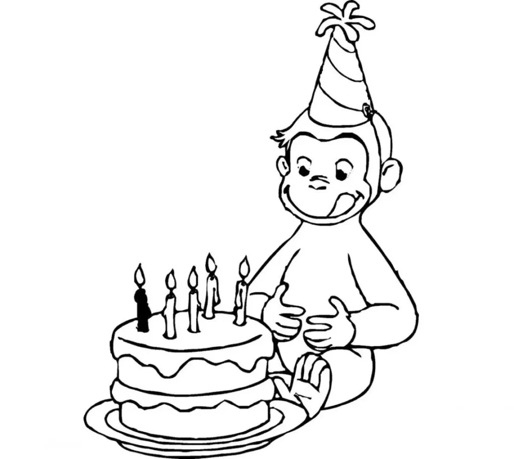 Desenhos do Macaco George PDF pra colorir Feliz Aniversário Macaco George com chapéu de festa e bolo de aniversário para colorir em PDF