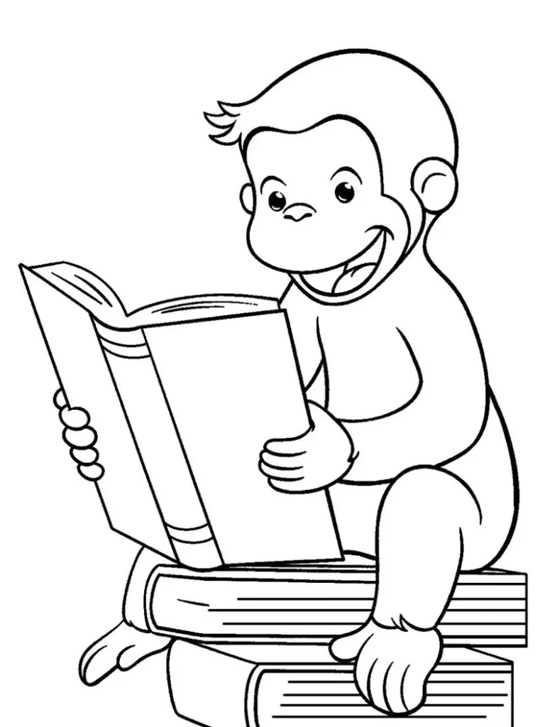 Desenhos do Macaco George PDF pra colorir Lendo Macaco George leitor: Desenho para colorir do George se divertindo com a leitura.