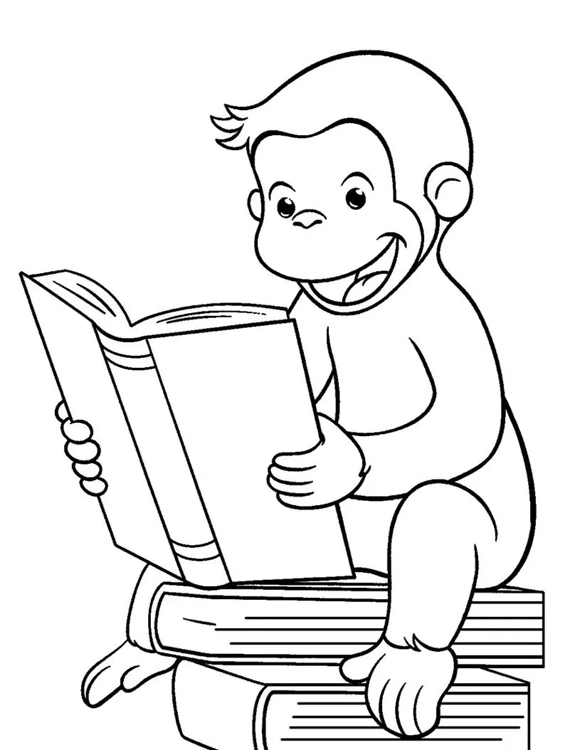 Desenhos do Macaco George PDF pra colorir Lendo Macaco George leitor: Desenho para colorir do George se divertindo com a leitura.