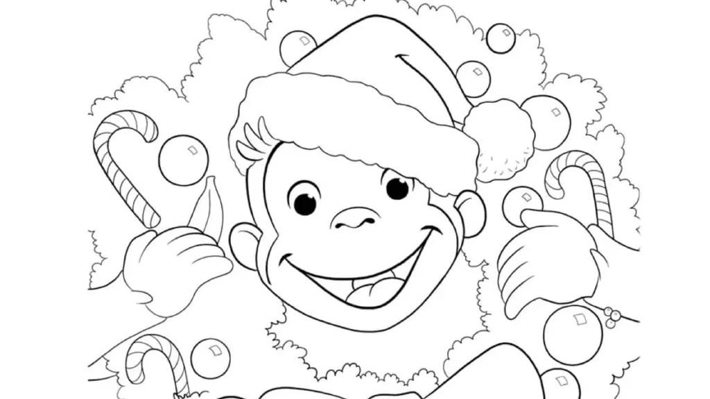 Desenhos do Macaco George PDF pra colorir Natal Macaco George no Natal: Desenho para colorir com gorro de Papai Noel e enfeites festivos.