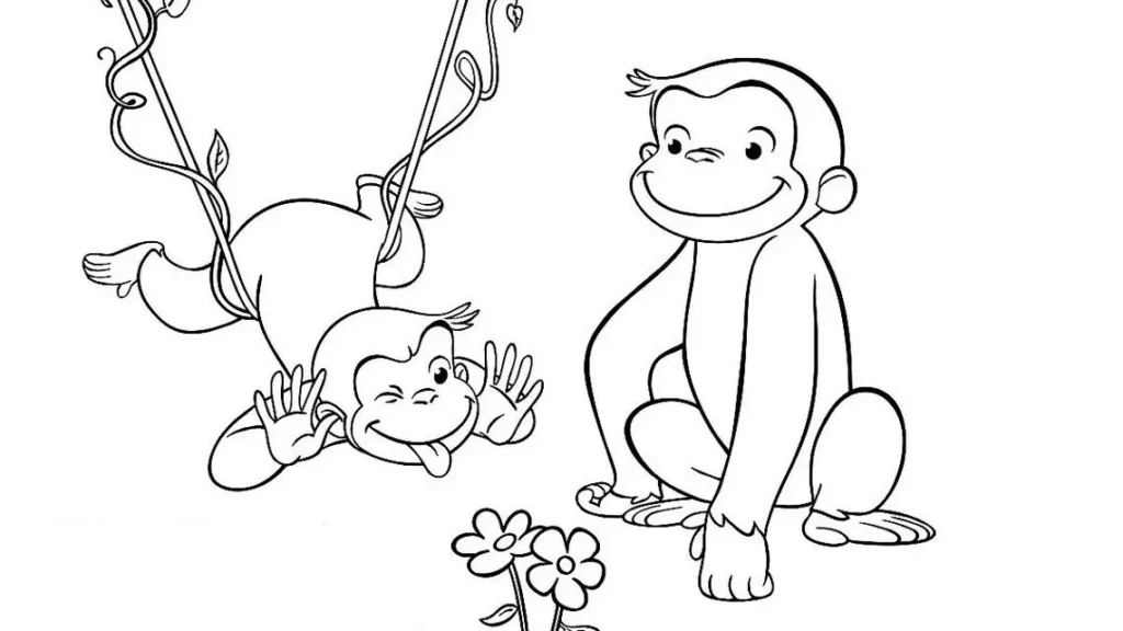 Desenhos do Macaco George PDF pra colorir Travesso Macaco George Travesso: desenho para colorir com George se balançando e George sorrindo perto de flores.