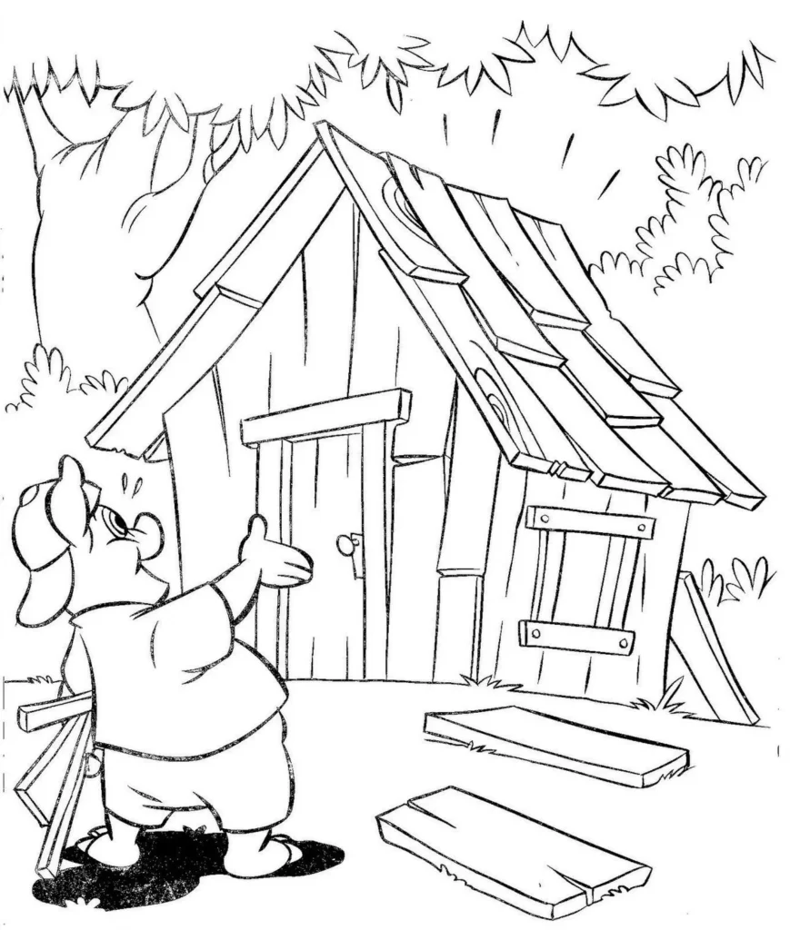 Desenho para colorir: Porquinho em frente à casa de madeira dos Três Porquinhos.